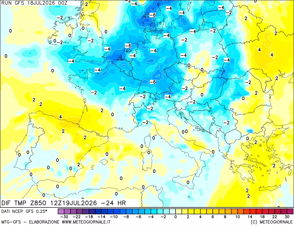 mappa Dif. Temp a 850 hPa Valid - Init