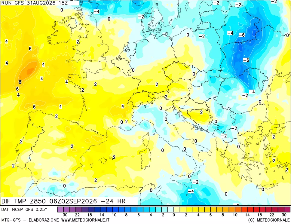 mappa Dif. Temp a 850 hPa Valid - Init