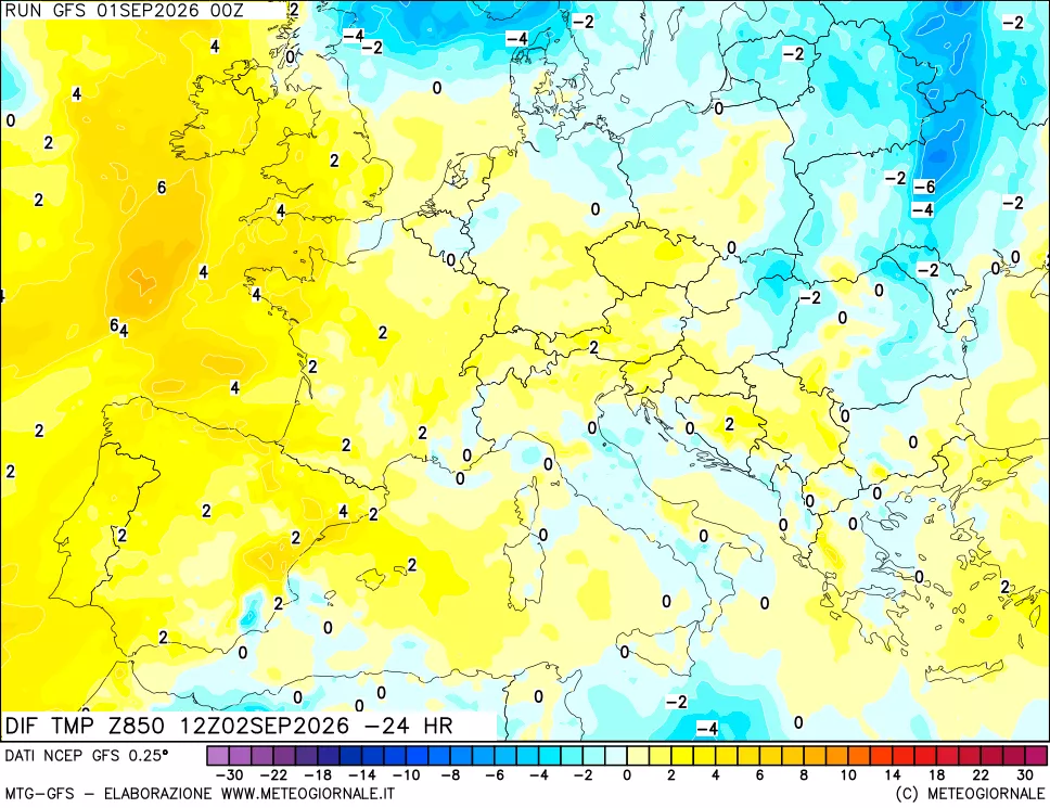 mappa Dif. Temp a 850 hPa Valid - Init