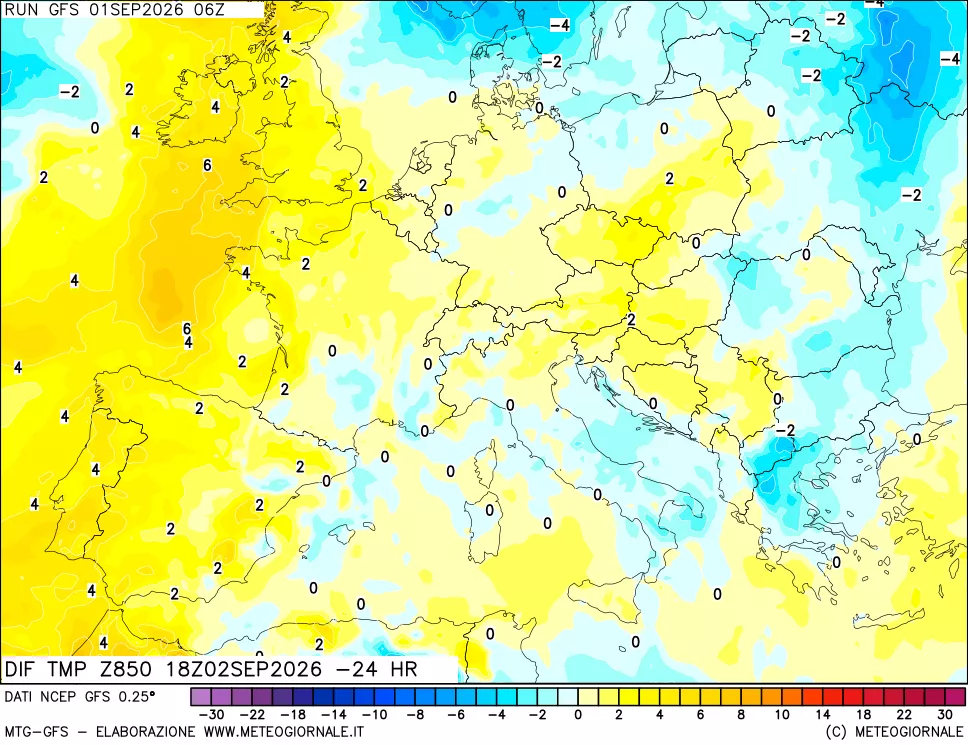 mappa Dif. Temp a 850 hPa Valid - Init