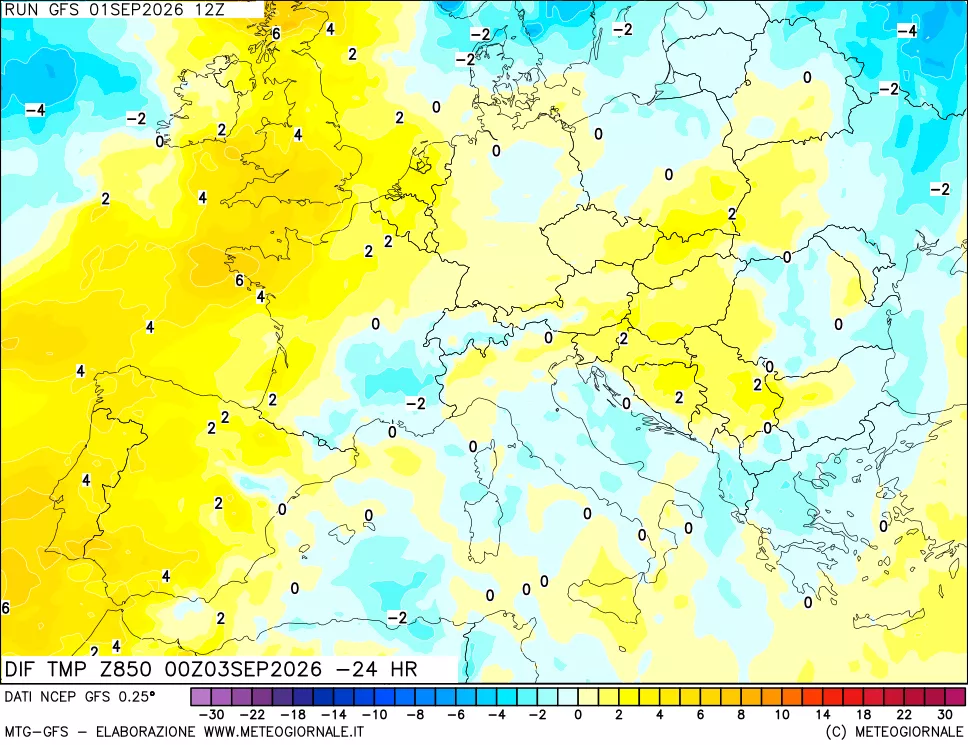 mappa Dif. Temp a 850 hPa Valid - Init