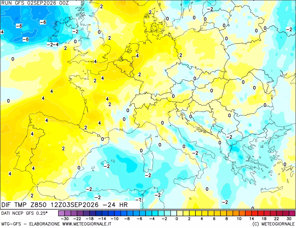 mappa Dif. Temp a 850 hPa Valid - Init