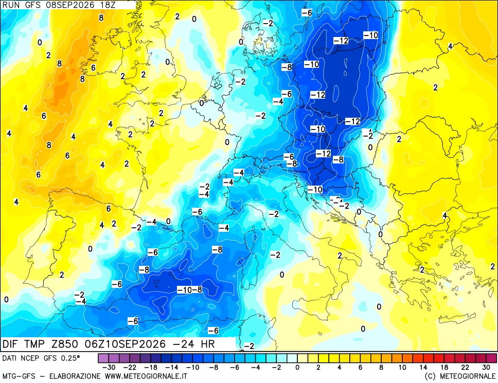 mappa Dif. Temp a 850 hPa Valid - Init