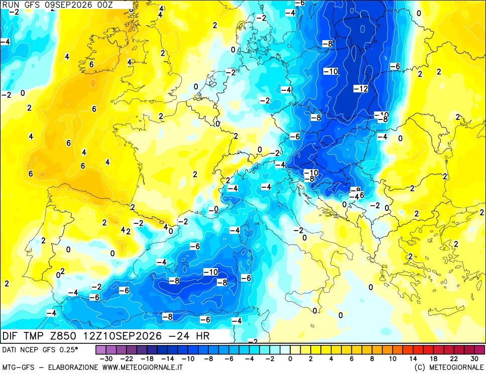 mappa Dif. Temp a 850 hPa Valid - Init