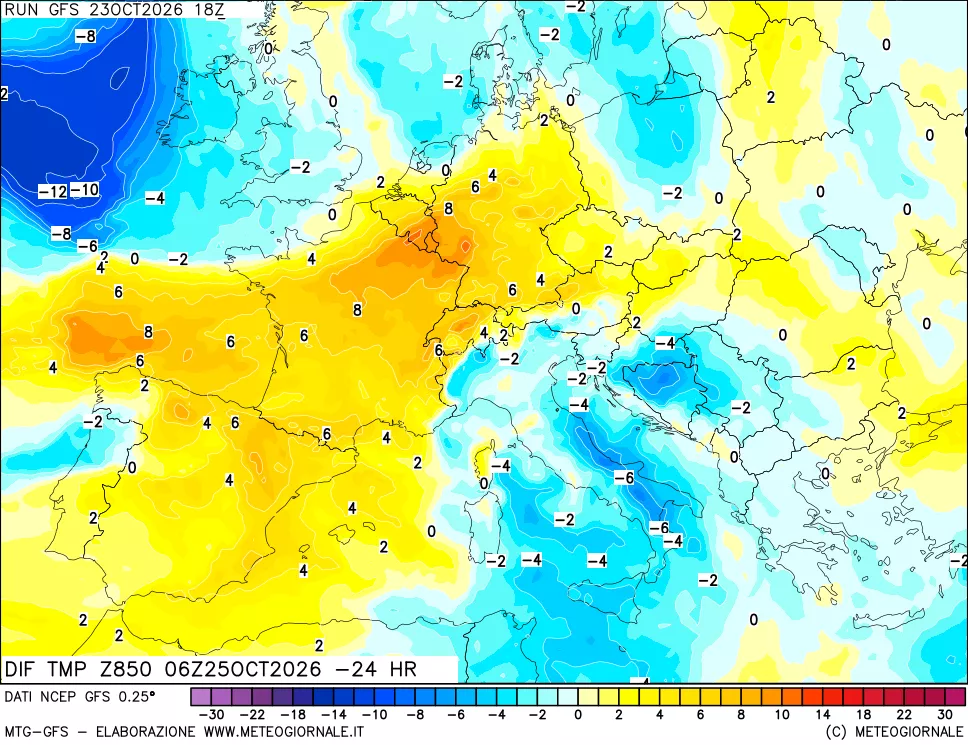 mappa Dif. Temp a 850 hPa Valid - Init