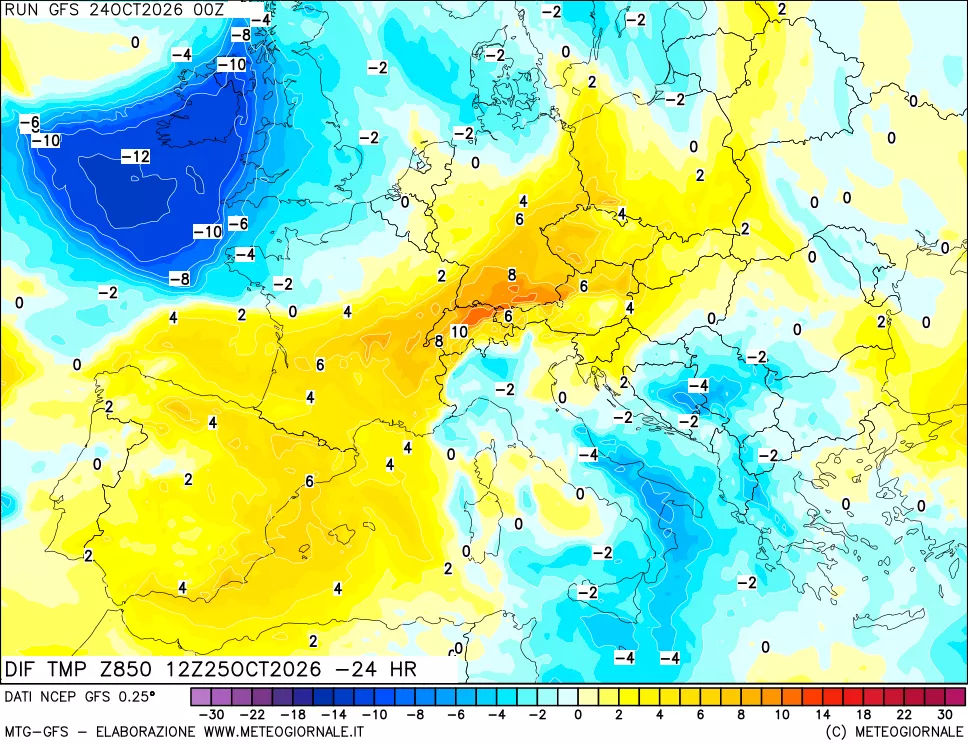 mappa Dif. Temp a 850 hPa Valid - Init