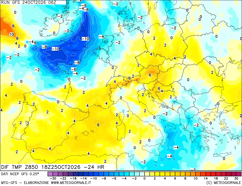 mappa Dif. Temp a 850 hPa Valid - Init