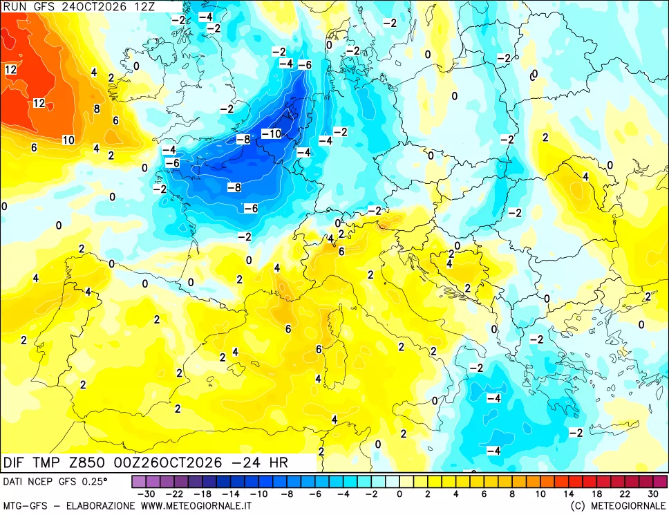 mappa Dif. Temp a 850 hPa Valid - Init