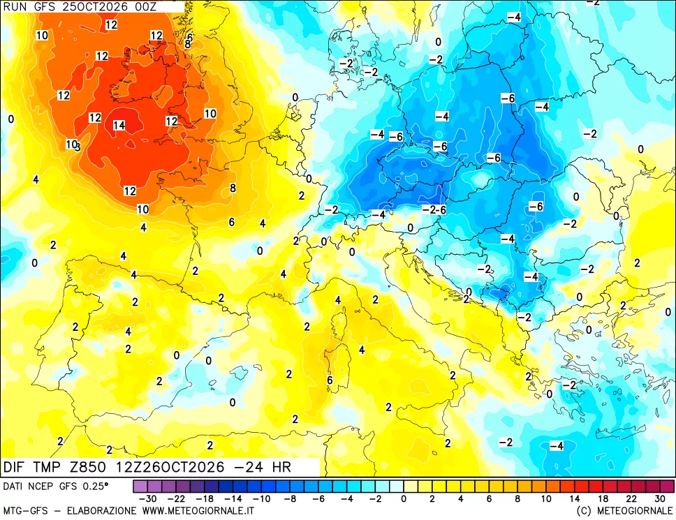 mappa Dif. Temp a 850 hPa Valid - Init