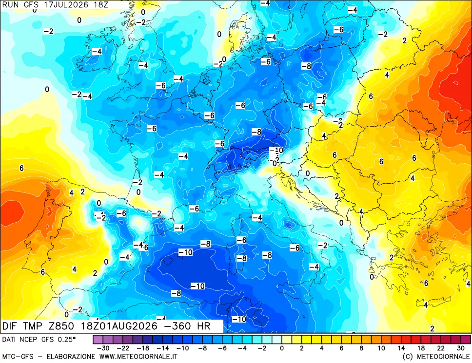 mappa Dif. Temp a 850 hPa Valid - Init