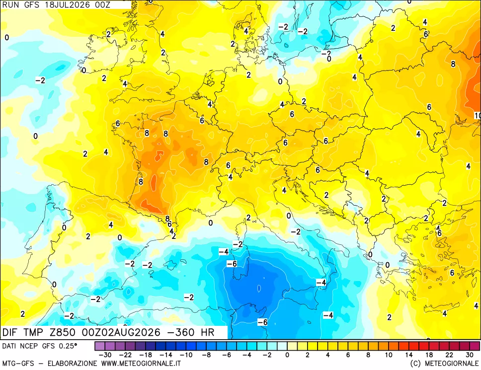 mappa Dif. Temp a 850 hPa Valid - Init
