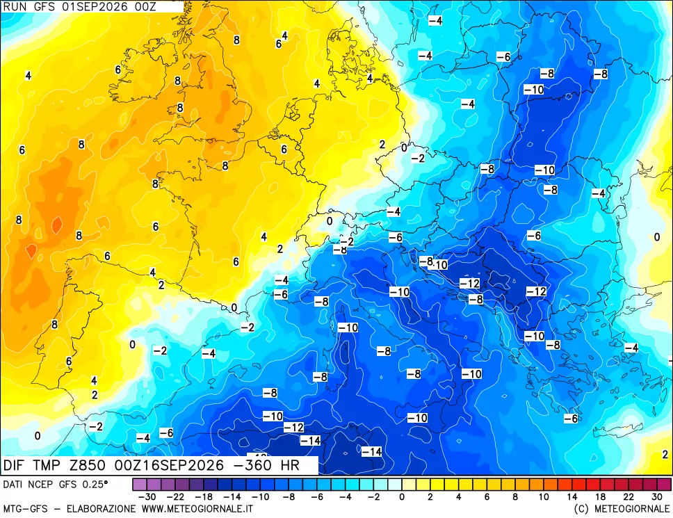 mappa Dif. Temp a 850 hPa Valid - Init