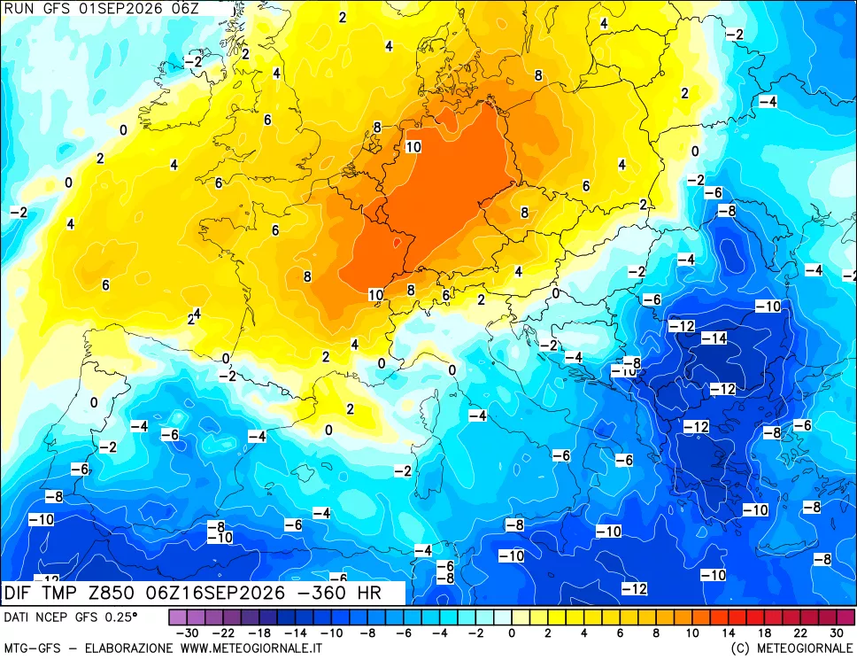 mappa Dif. Temp a 850 hPa Valid - Init