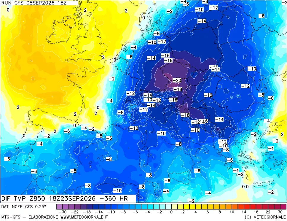 mappa Dif. Temp a 850 hPa Valid - Init