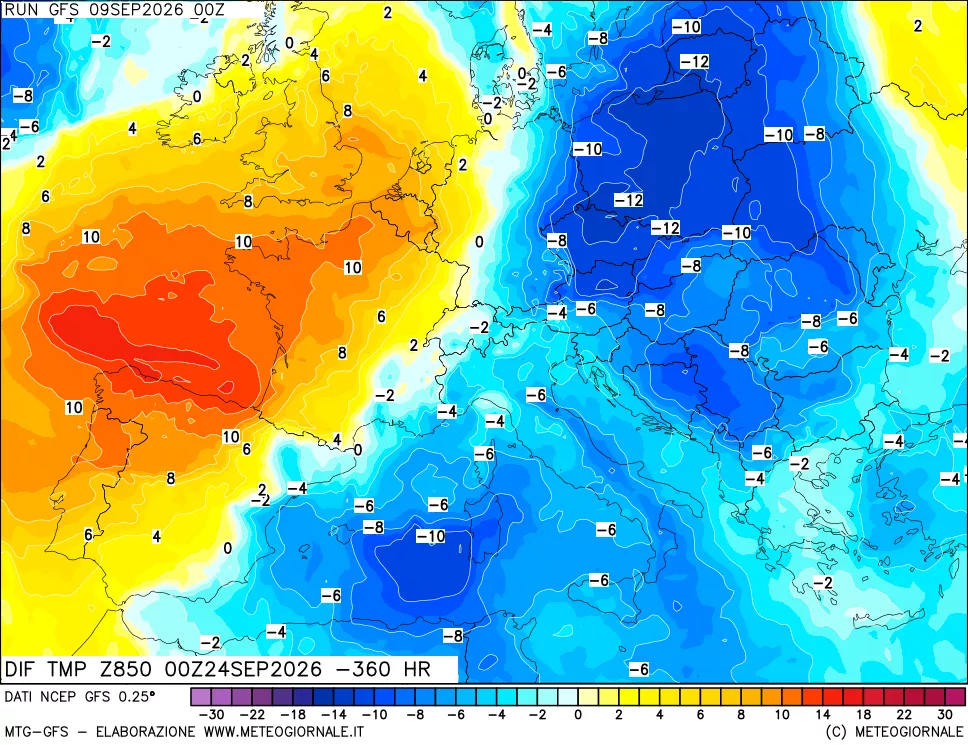 mappa Dif. Temp a 850 hPa Valid - Init
