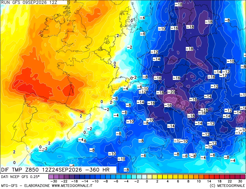mappa Dif. Temp a 850 hPa Valid - Init