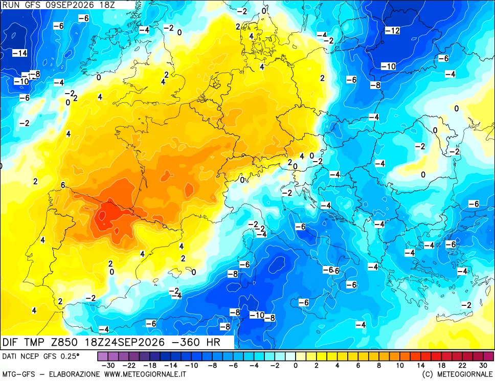 mappa Dif. Temp a 850 hPa Valid - Init