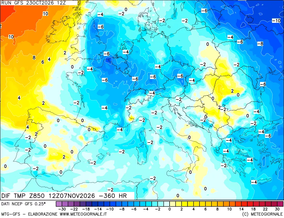 mappa Dif. Temp a 850 hPa Valid - Init