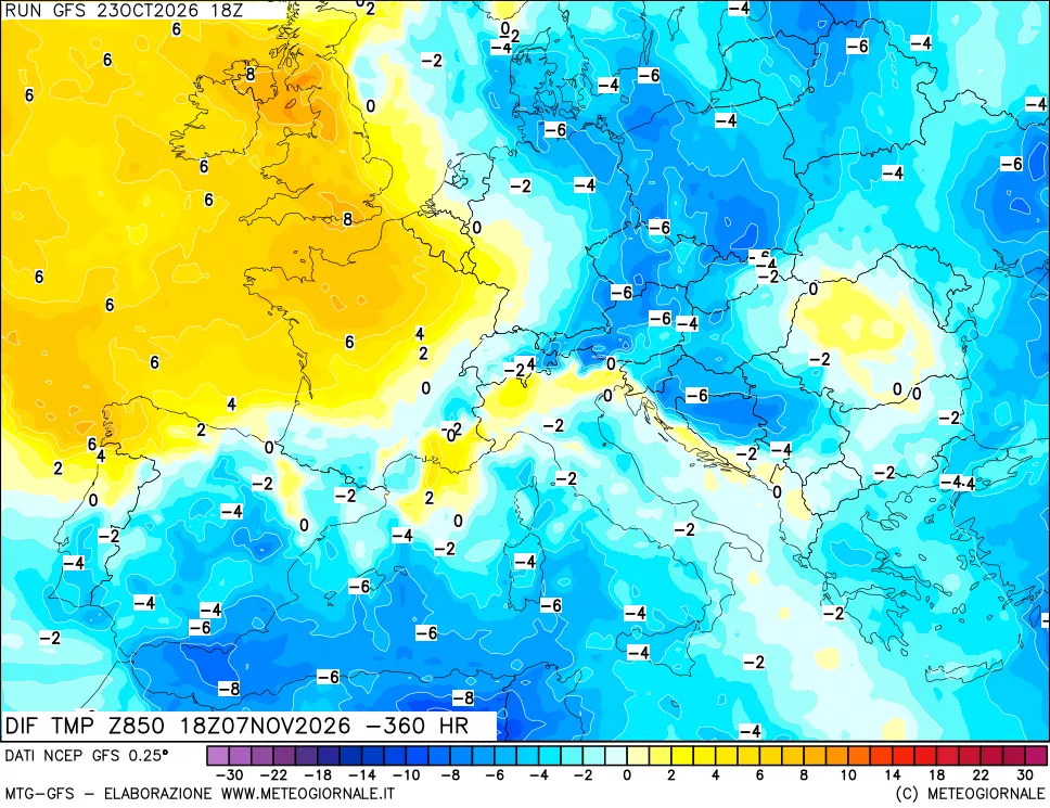 mappa Dif. Temp a 850 hPa Valid - Init
