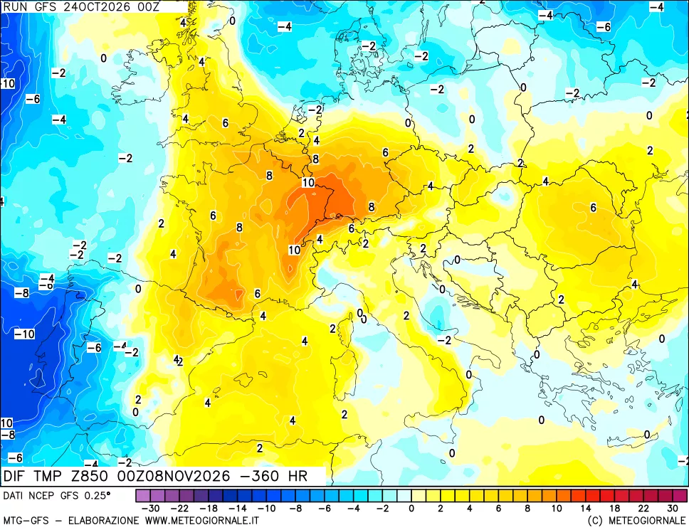 mappa Dif. Temp a 850 hPa Valid - Init