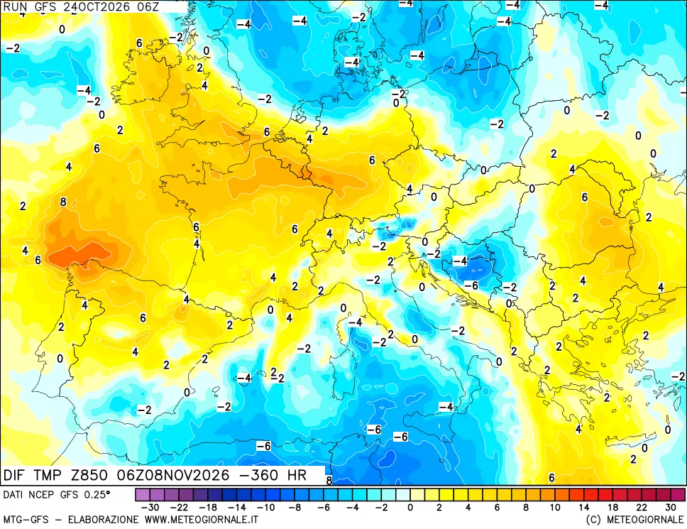 mappa Dif. Temp a 850 hPa Valid - Init