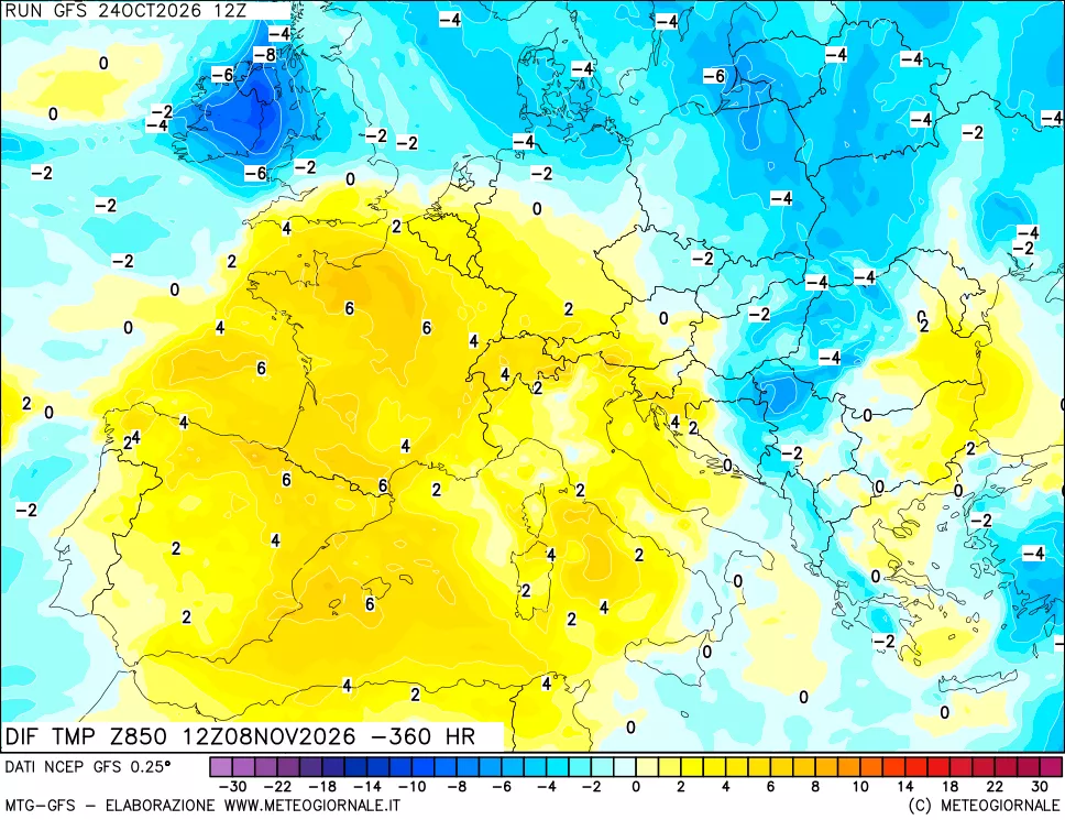 mappa Dif. Temp a 850 hPa Valid - Init
