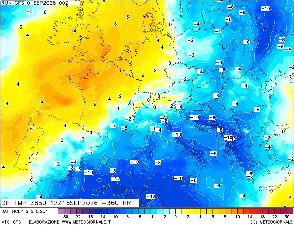 mappa Dif. Temp a 850 hPa Valid - Init