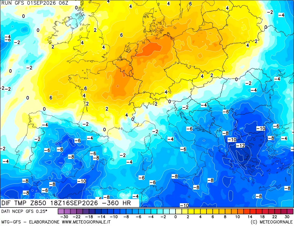 mappa Dif. Temp a 850 hPa Valid - Init