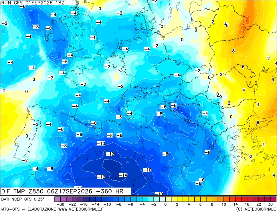 mappa Dif. Temp a 850 hPa Valid - Init