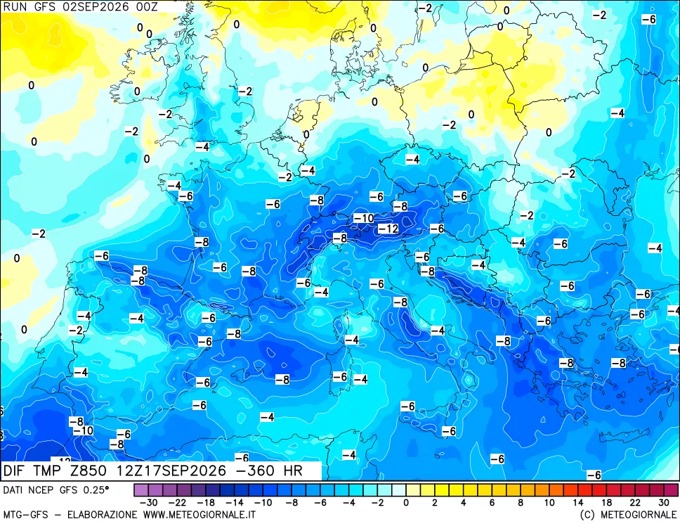 mappa Dif. Temp a 850 hPa Valid - Init