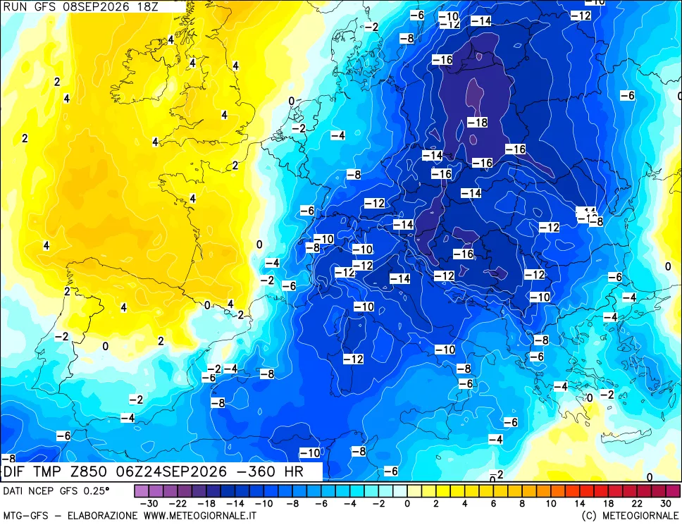 mappa Dif. Temp a 850 hPa Valid - Init