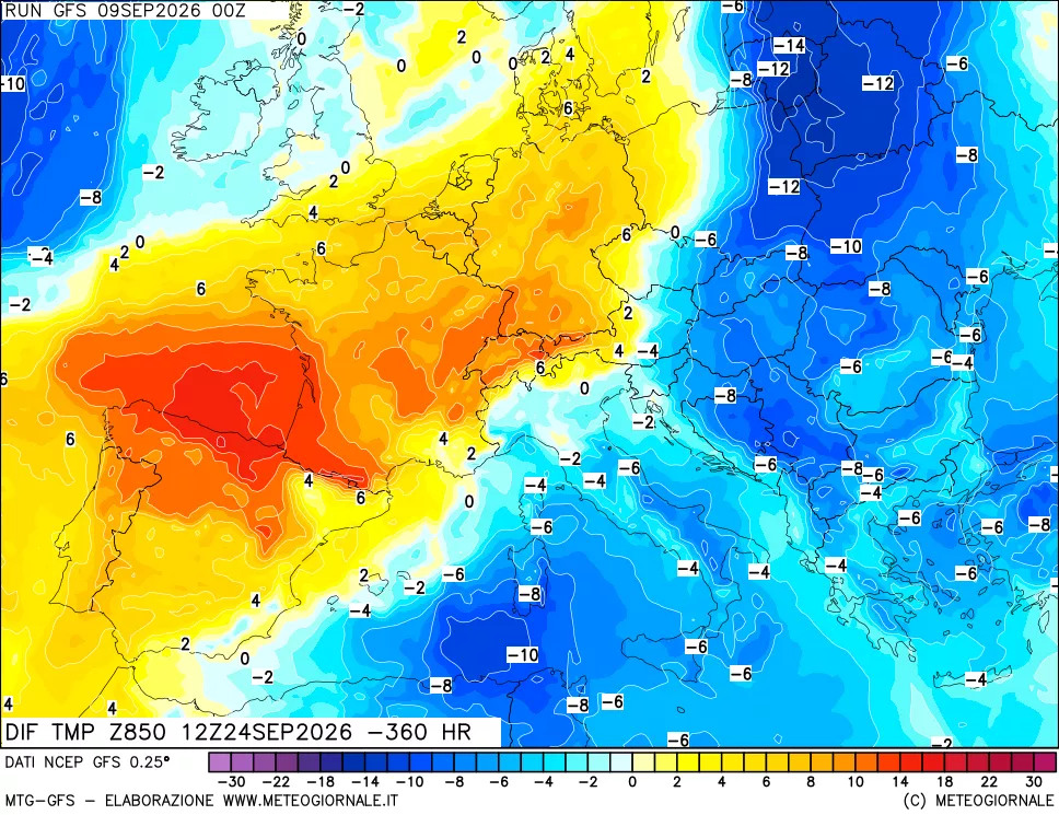 mappa Dif. Temp a 850 hPa Valid - Init