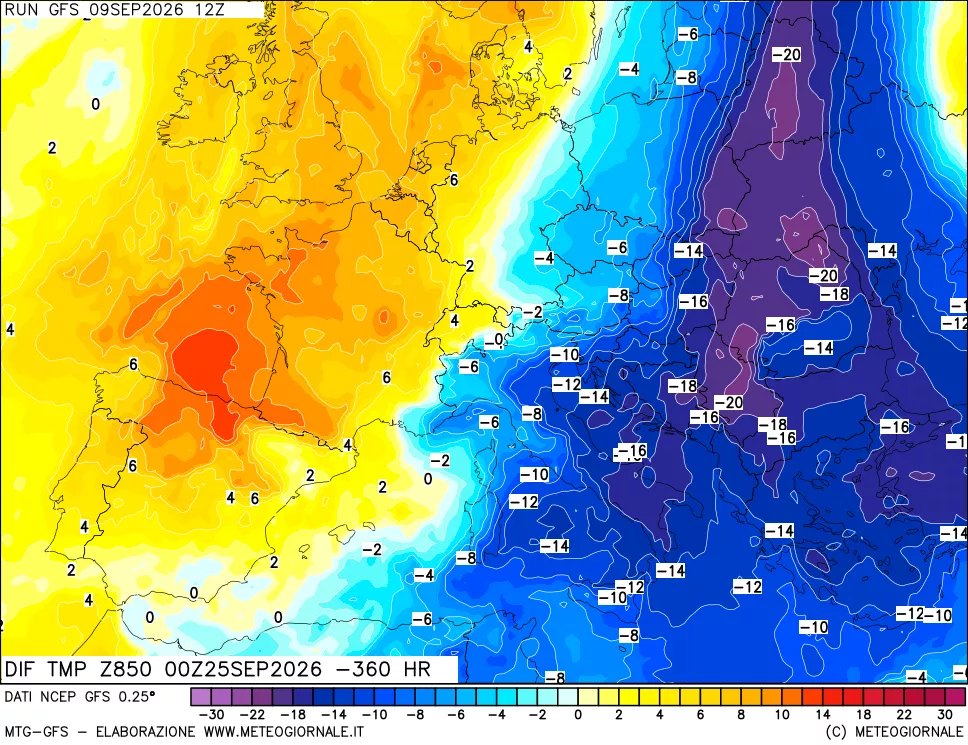 mappa Dif. Temp a 850 hPa Valid - Init