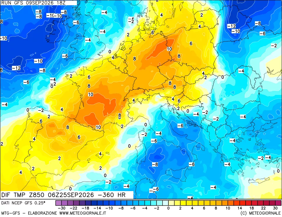 mappa Dif. Temp a 850 hPa Valid - Init