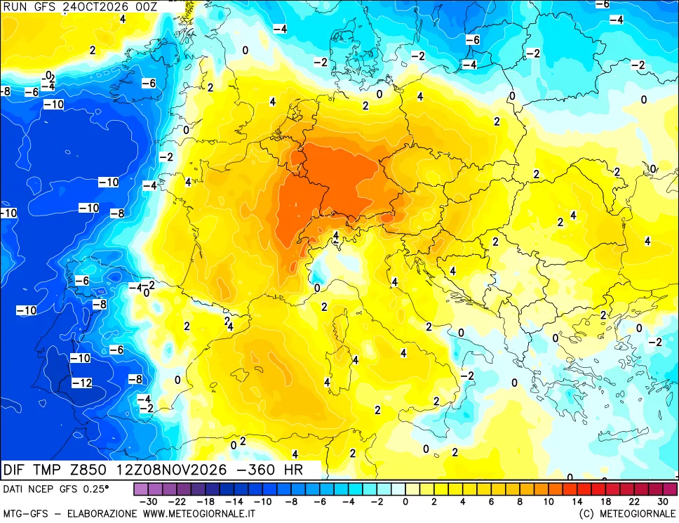 mappa Dif. Temp a 850 hPa Valid - Init