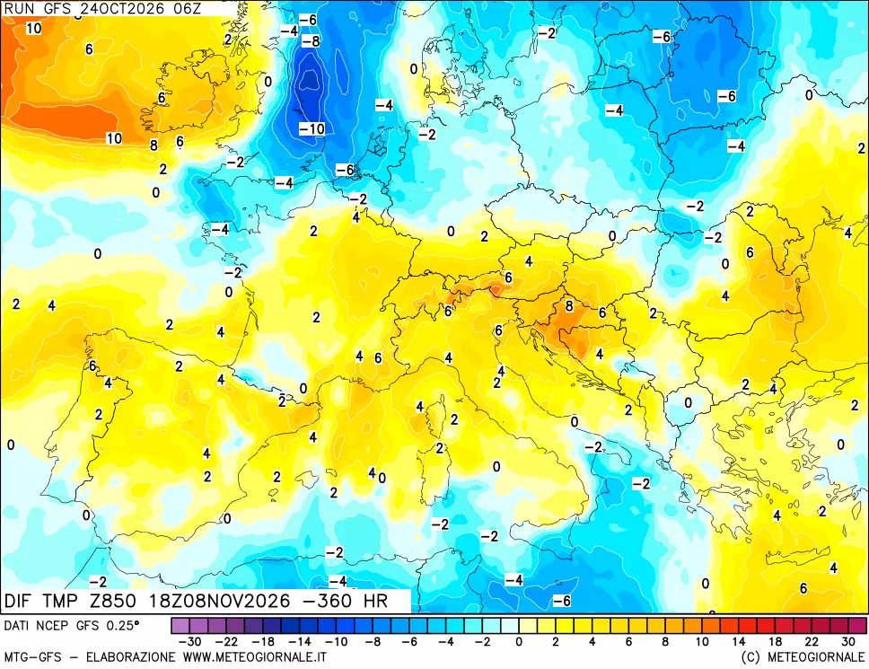 mappa Dif. Temp a 850 hPa Valid - Init