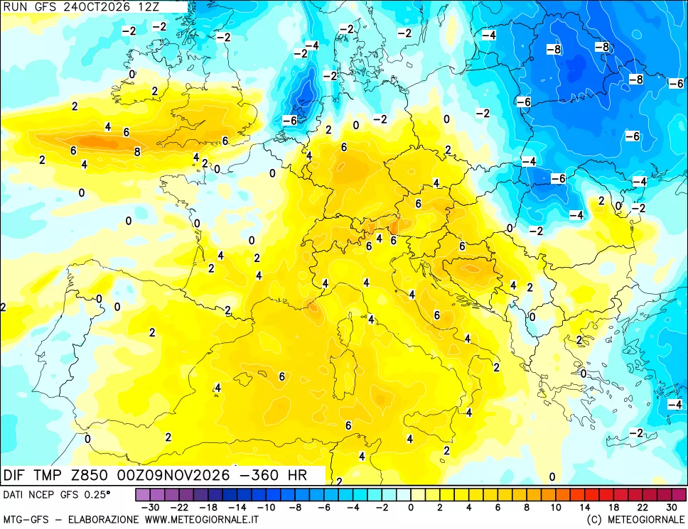 mappa Dif. Temp a 850 hPa Valid - Init