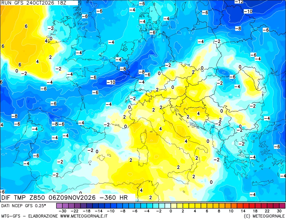 mappa Dif. Temp a 850 hPa Valid - Init