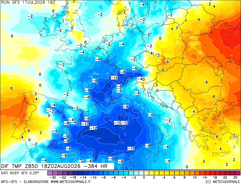mappa Dif. Temp a 850 hPa Valid - Init
