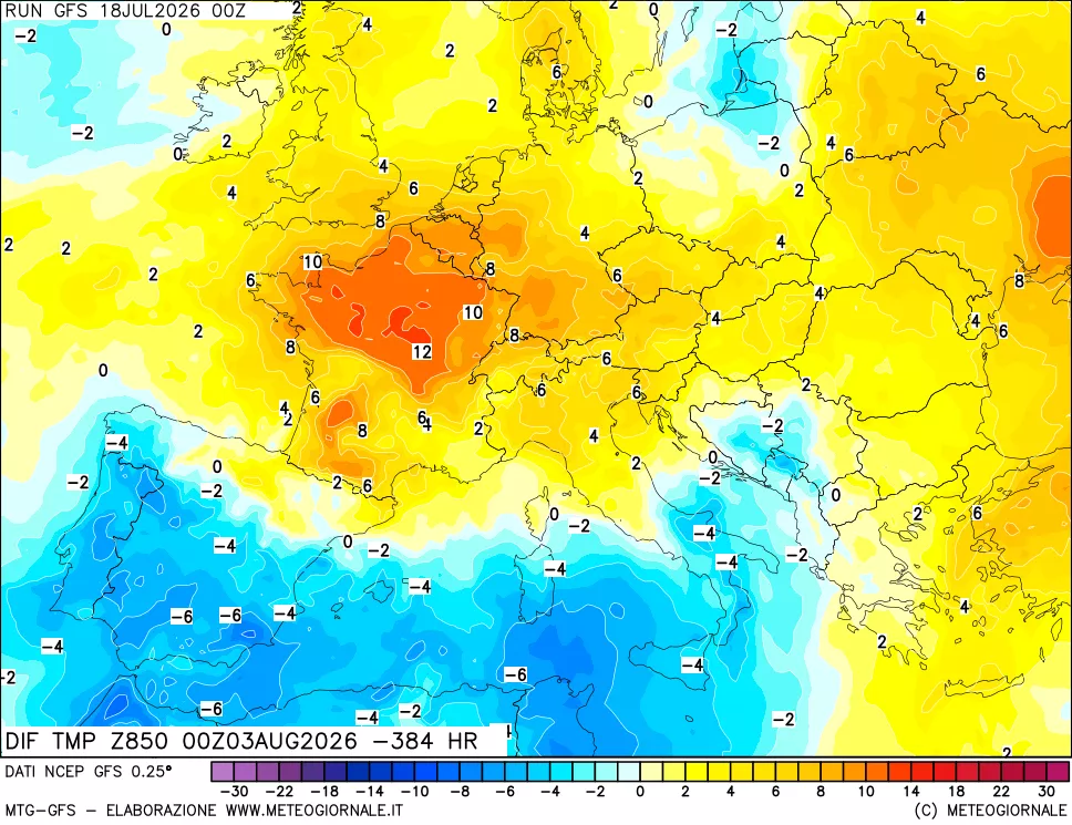 mappa Dif. Temp a 850 hPa Valid - Init