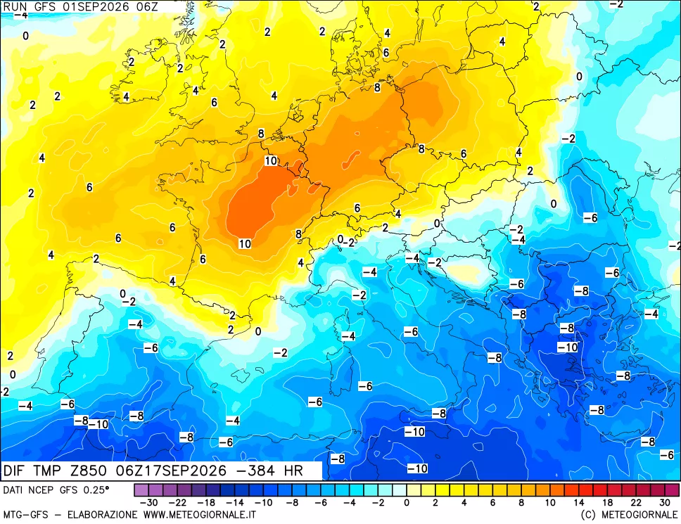 mappa Dif. Temp a 850 hPa Valid - Init
