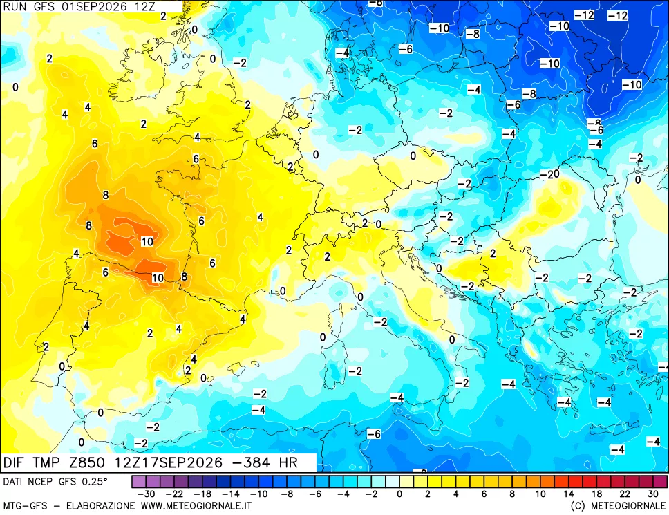 mappa Dif. Temp a 850 hPa Valid - Init