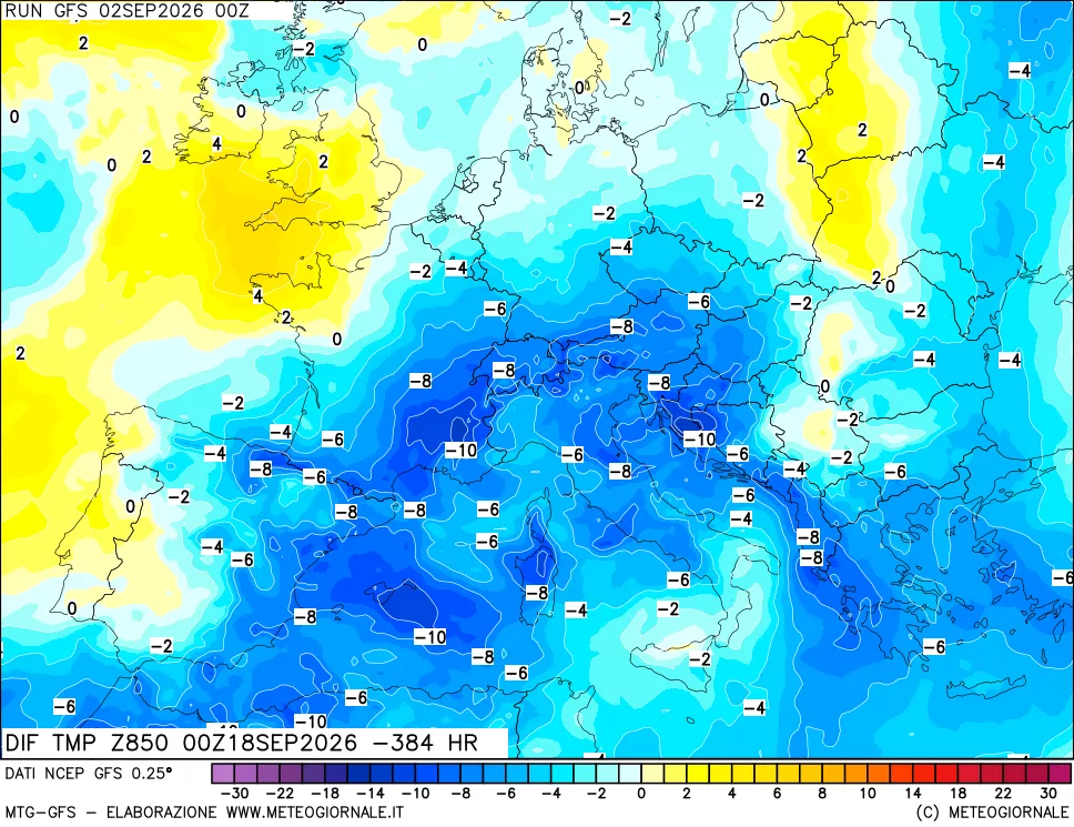 mappa Dif. Temp a 850 hPa Valid - Init
