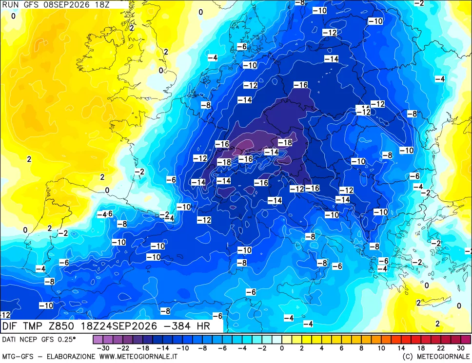mappa Dif. Temp a 850 hPa Valid - Init