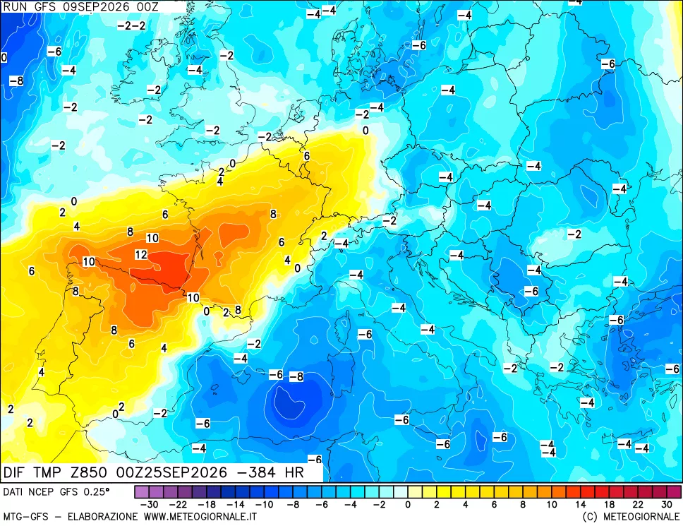 mappa Dif. Temp a 850 hPa Valid - Init