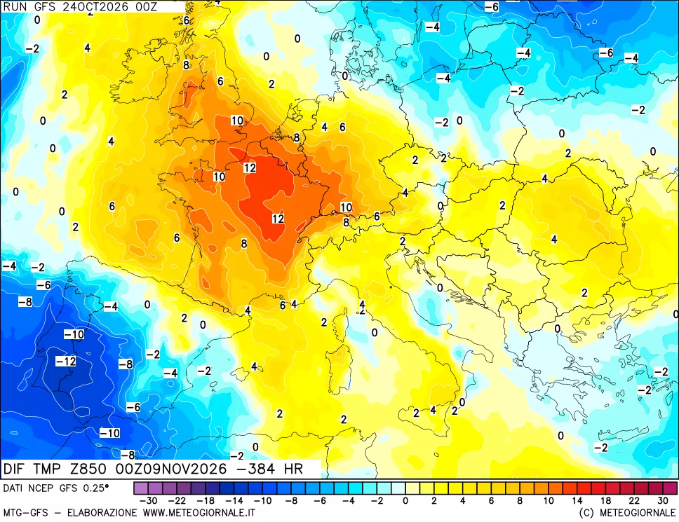 mappa Dif. Temp a 850 hPa Valid - Init