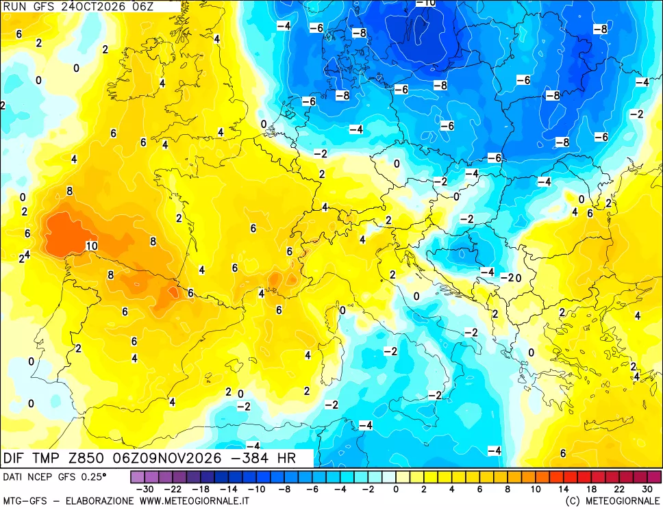 mappa Dif. Temp a 850 hPa Valid - Init