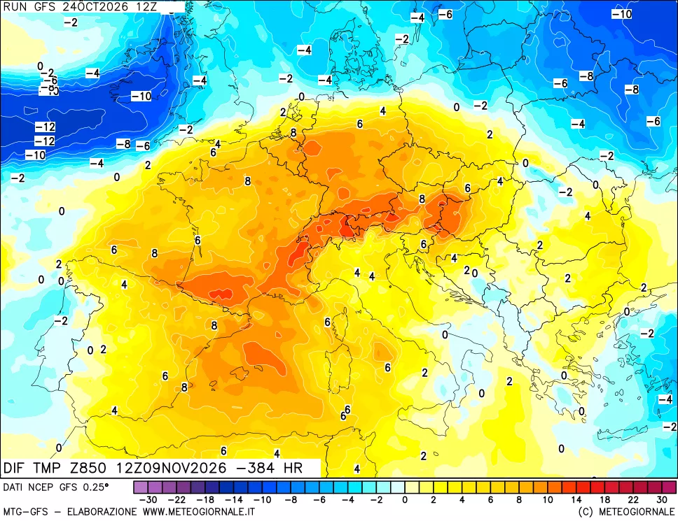 mappa Dif. Temp a 850 hPa Valid - Init