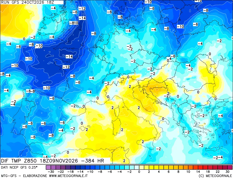 mappa Dif. Temp a 850 hPa Valid - Init