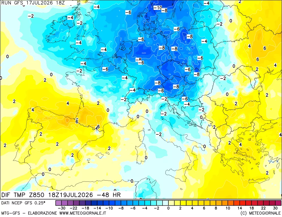 mappa Dif. Temp a 850 hPa Valid - Init